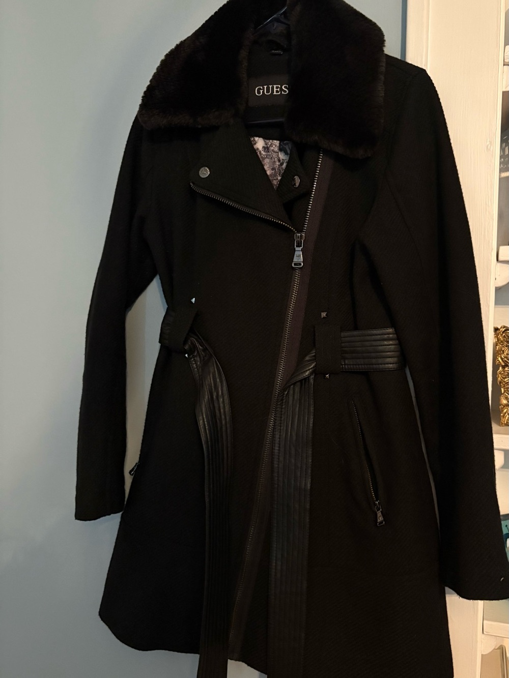 GUESS Black Faux Fur Collar Wool Blend Coat sz S